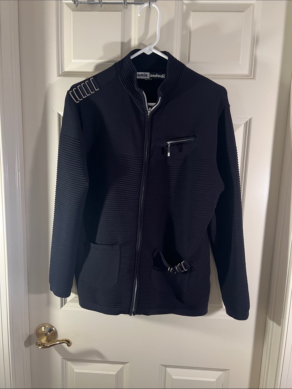 jamie sadock Black Ribbed Zip-Up Bomber Jacket with Metal Loop Accents